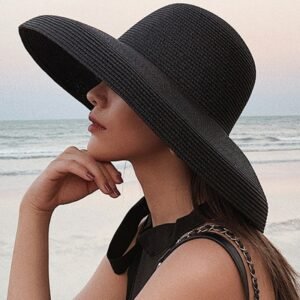 Ht2303 Summer Sun Hats Ladies Solid Plain Elegant Wide Brim Hat Female Round Top Panama Floppy Straw Beach Women