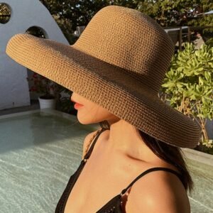 Ht2303 Summer Sun Hats Ladies Solid Plain Elegant Wide Brim Hat Female Round Top Panama Floppy Straw Beach Women - 2